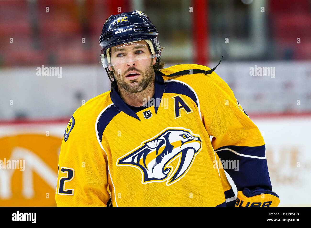 Raleigh, North Carolina, Stati Uniti d'America. 2° dic, 2014. Nashville Predators centro Mike Fisher (12) durante il gioco NHL tra il Nashville Predators e Carolina Hurricanes al PNC Arena. Carolina Hurricanes sconfitto il Nashville Predators2-1. © Andy Martin Jr./ZUMA filo/Alamy Live News Foto Stock