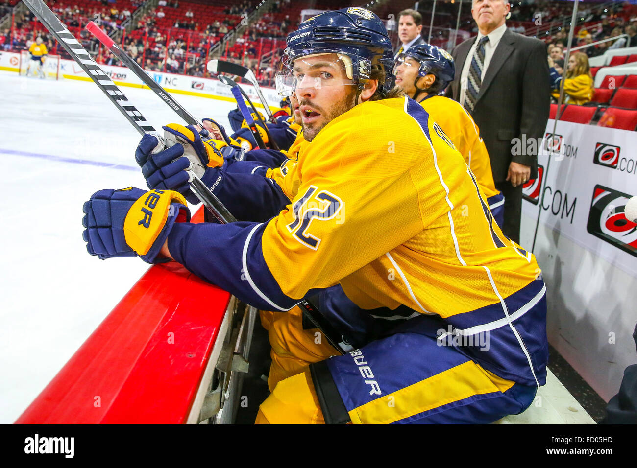 Raleigh, North Carolina, Stati Uniti d'America. 2° dic, 2014. Nashville Predators centro Mike Fisher (12) durante il gioco NHL tra il Nashville Predators e Carolina Hurricanes al PNC Arena. Carolina Hurricanes sconfitto il Nashville Predators2-1. © Andy Martin Jr./ZUMA filo/Alamy Live News Foto Stock