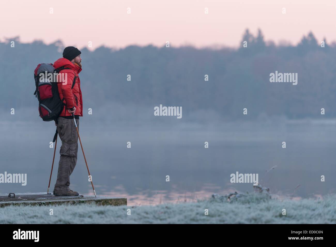 Francia, Ille et Vilaine, Paimpont, walker all'alba nella parte anteriore del laghetto di Pas du Houx nella foresta Broceliande Foto Stock
