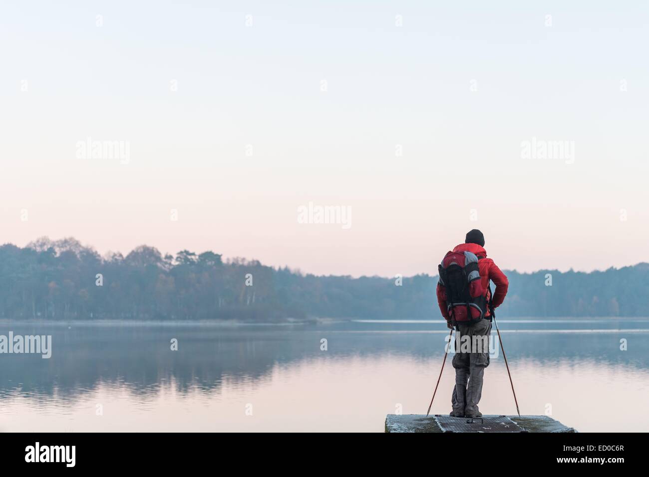 Francia, Ille et Vilaine, Paimpont, walker all'alba nella parte anteriore del laghetto di Pas du Houx nella foresta Broceliande Foto Stock