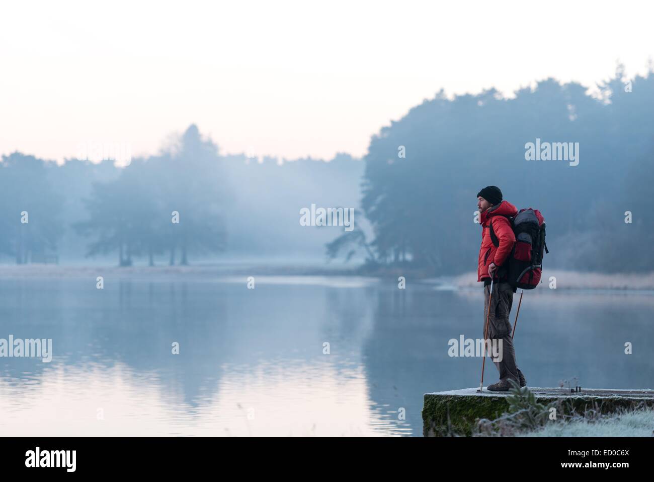 Francia, Ille et Vilaine, Paimpont, walker all'alba nella parte anteriore del laghetto di Pas du Houx nella foresta Broceliande Foto Stock