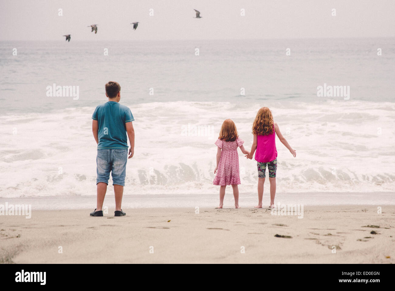Stati Uniti, California, Los Angeles, Bambini (6-7, 8-9, 12-13) guardando le onde che si infrangono sulla spiaggia Foto Stock