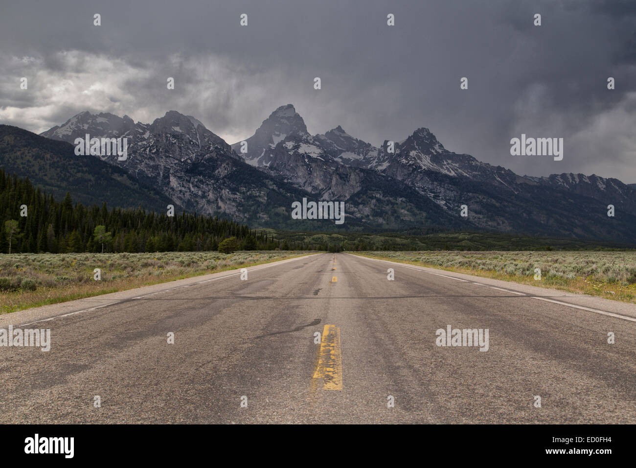 Prosegui dritto verso le montagne vicino a Jackson Hole, Grand Teton National Park, Wyoming, USA Foto Stock