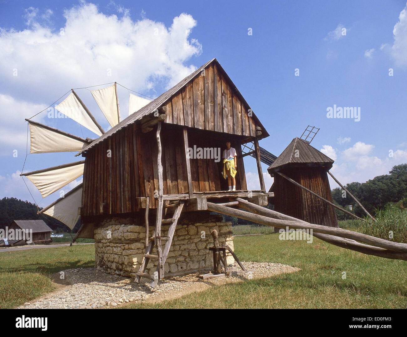 Vecchi Mulini a vento, Astra Open Air Museum, Sibiu, Sibiu County, Centru (Transilvania) Regione, Romania Foto Stock
