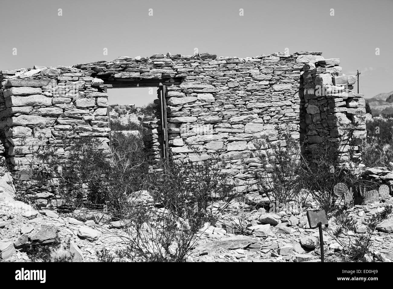 Vecchio, abbandonato, decadendo desert stone house, Terlingua città fantasma, Texas, Stati Uniti d'America Foto Stock