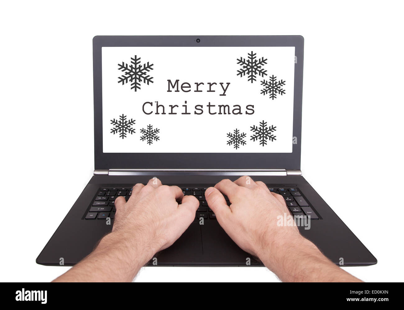 Uomo al lavoro su laptop, buon Natale, isolato Foto Stock