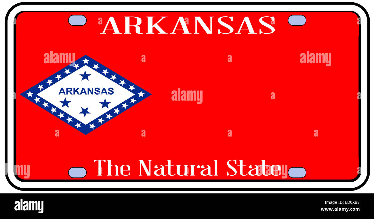 Arkansas state la targa con i colori della bandiera di stato con icone su sfondo bianco Foto Stock