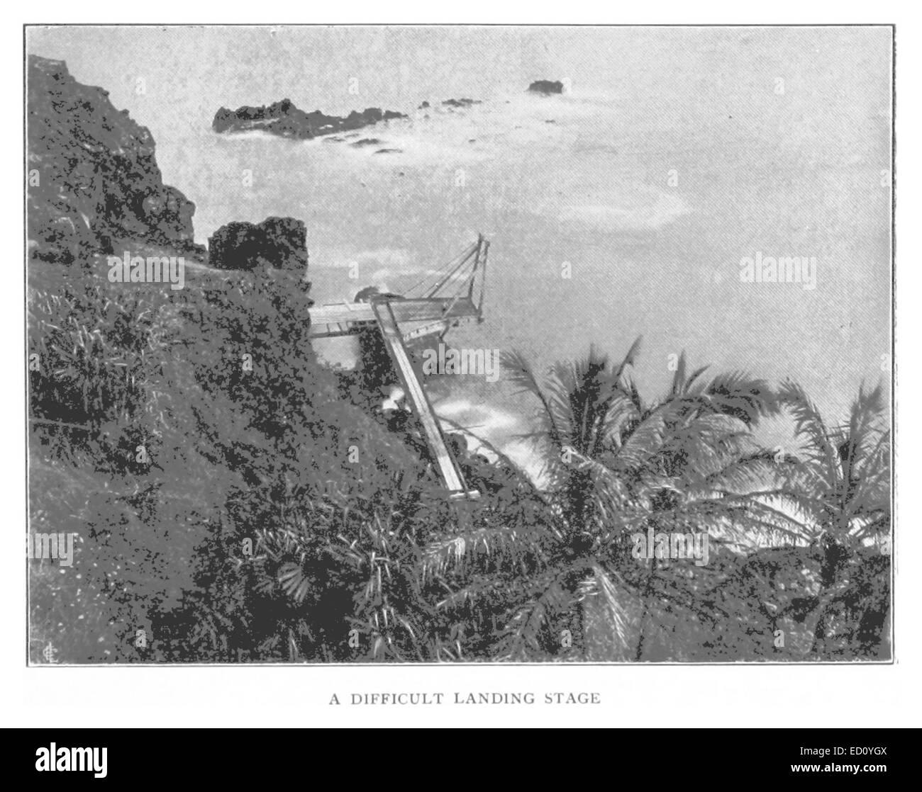 Una rappresentazione del 1898 di un difficile punto di atterraggio alle Hawaii, che mostra le sfide dell'attracco delle navi in acque difficili e le infrastrutture necessarie per facilitare il commercio e i viaggi. Foto Stock