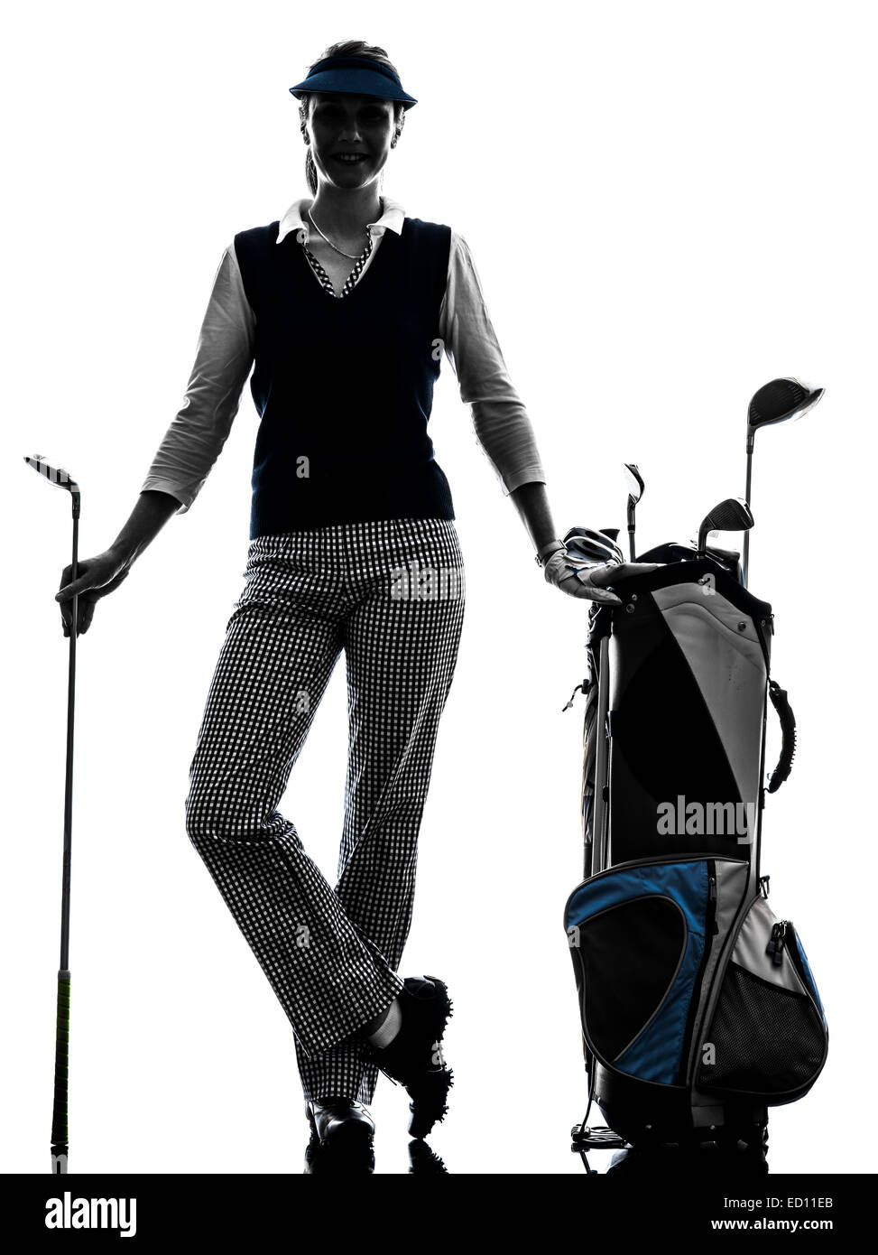 Donna golfista golf silhouette in sfondo bianco Foto Stock