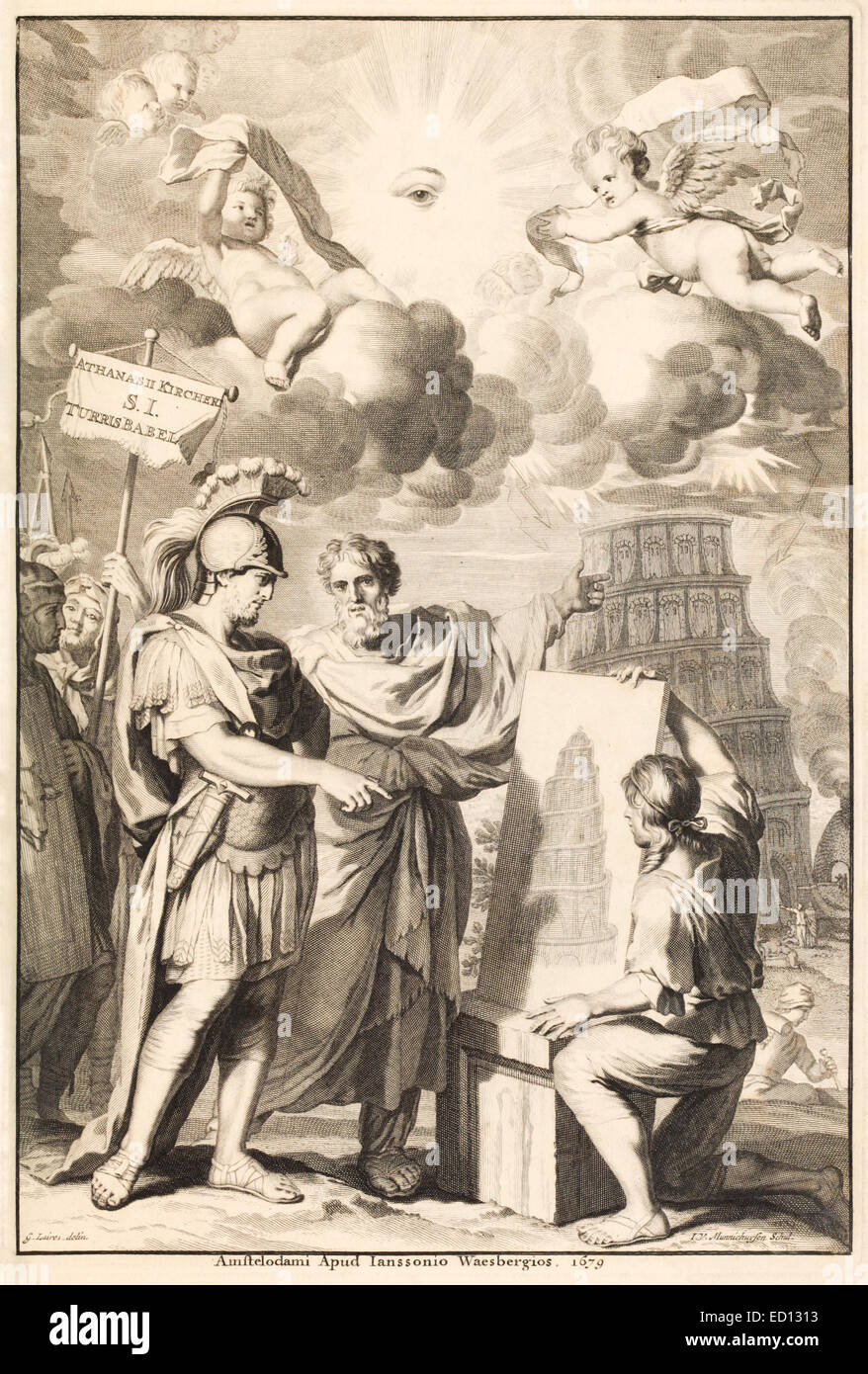 Frontespizio con Nimrod, da "Turris Babel' di Athanasius Kircher (1602-1680). Vedere la descrizione per maggiori informazioni. Foto Stock