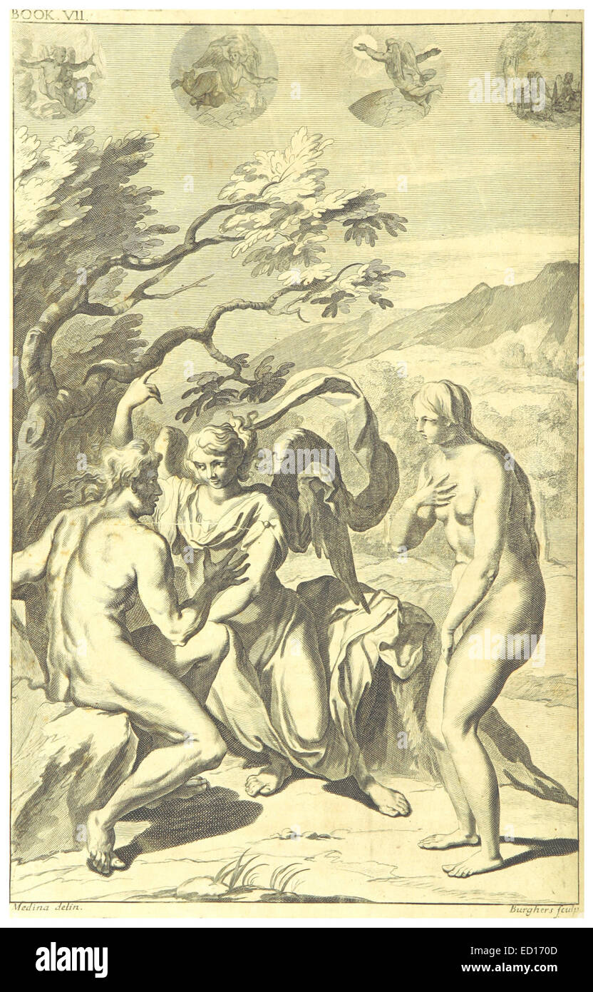 Questa pubblicazione del 1695 include un'incisione raffigurante una scena delle opere di John Milton, che mostra le rappresentazioni letterarie e artistiche dei suoi scritti iconici durante il XVII secolo. Foto Stock