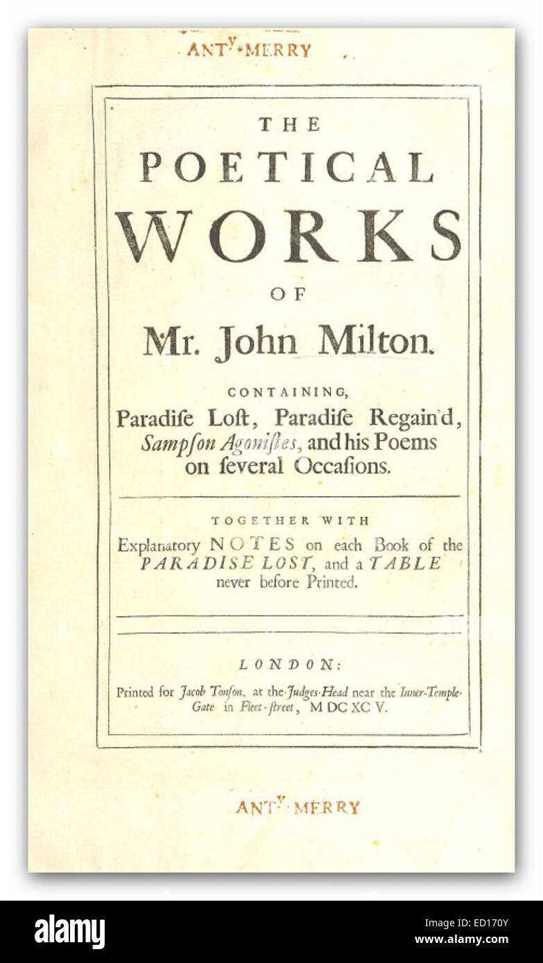 L'edizione 1695 delle *opere* di John Milton, che mostrano i contributi letterari di uno dei più grandi poeti d'Inghilterra. Il libro include alcune delle più influenti poesie e saggi di Milton. Foto Stock