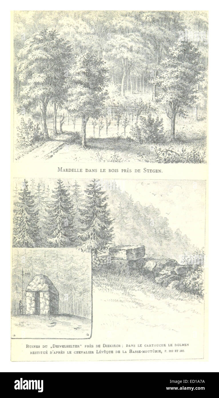 Questa illustrazione raffigura le rovine di Deivelselter vicino a Diekirch, una città del Lussemburgo. Le rovine riflettono il significato storico e architettonico della zona, fornendo un'idea del passato della regione. Foto Stock
