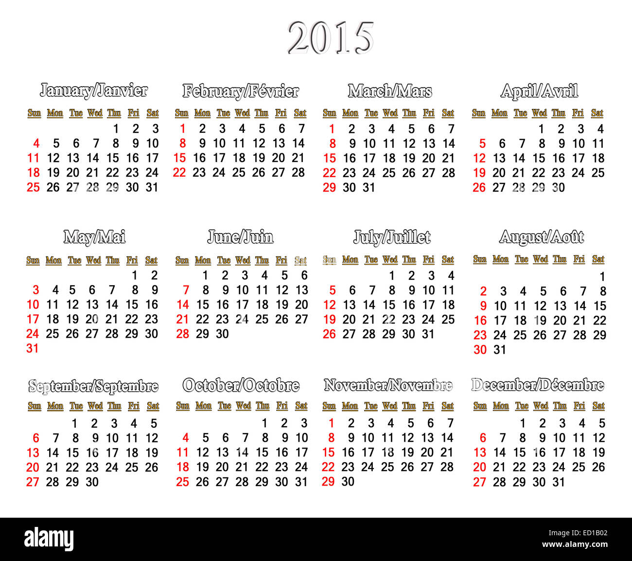 Calendario per il 2015 anno in inglese e francese su sfondo bianco Foto Stock