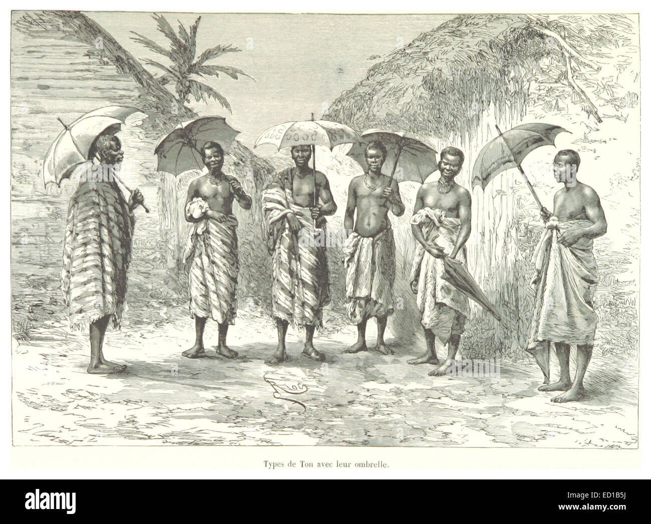 Questa illustrazione tratta da un libro d'epoca mostra diversi tipi di Ton (termine francese per cappotto alla moda) indossati con un ombrello, riflettendo le tendenze della moda del periodo. Foto Stock