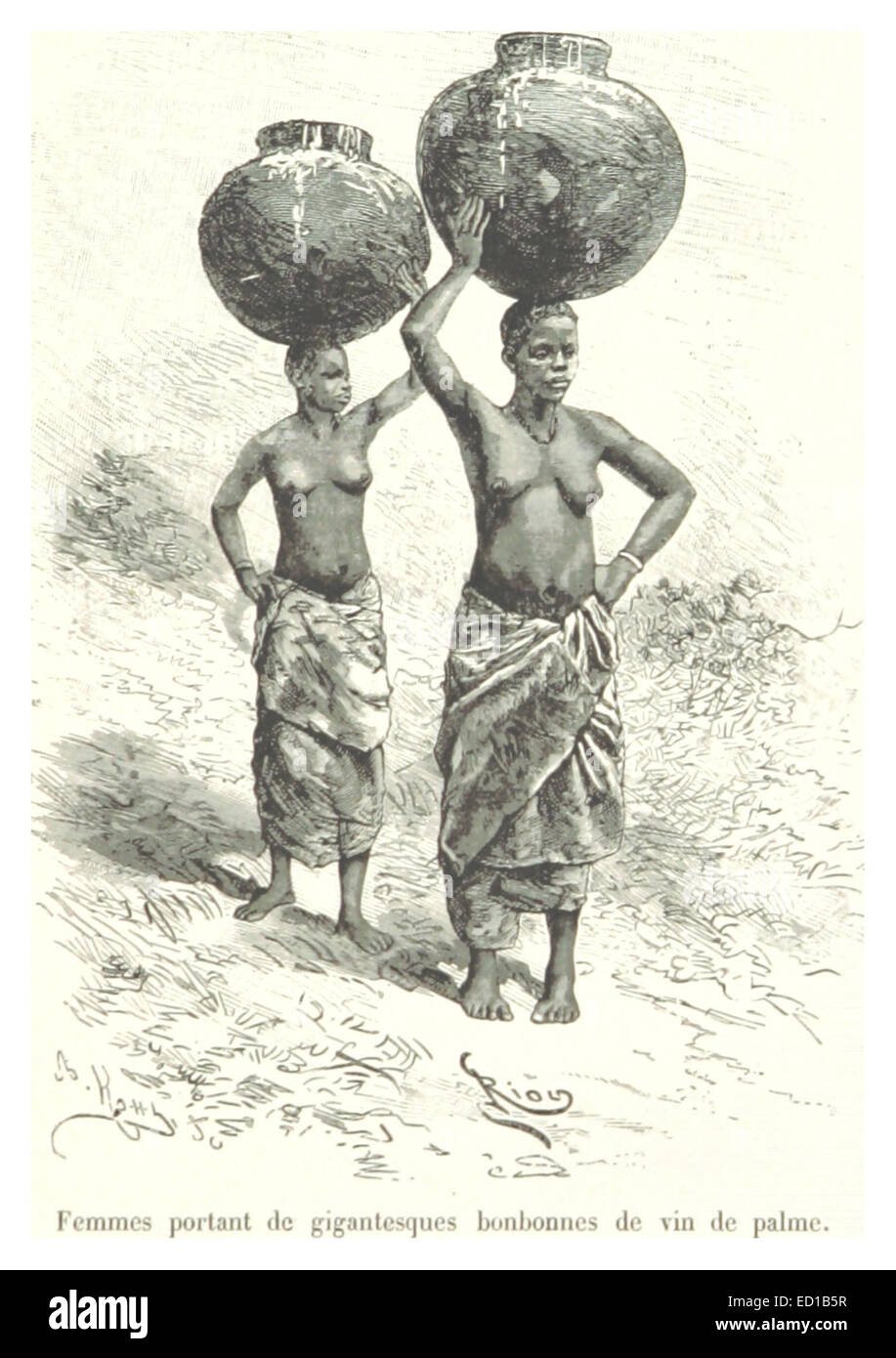 Un'illustrazione raffigurante donne che trasportano grandi brocche di vino di palma, che mostrano pratiche tradizionali e costumi culturali della regione. Questo disegno vintage riflette la vita quotidiana nel contesto delle tradizioni africane. Foto Stock