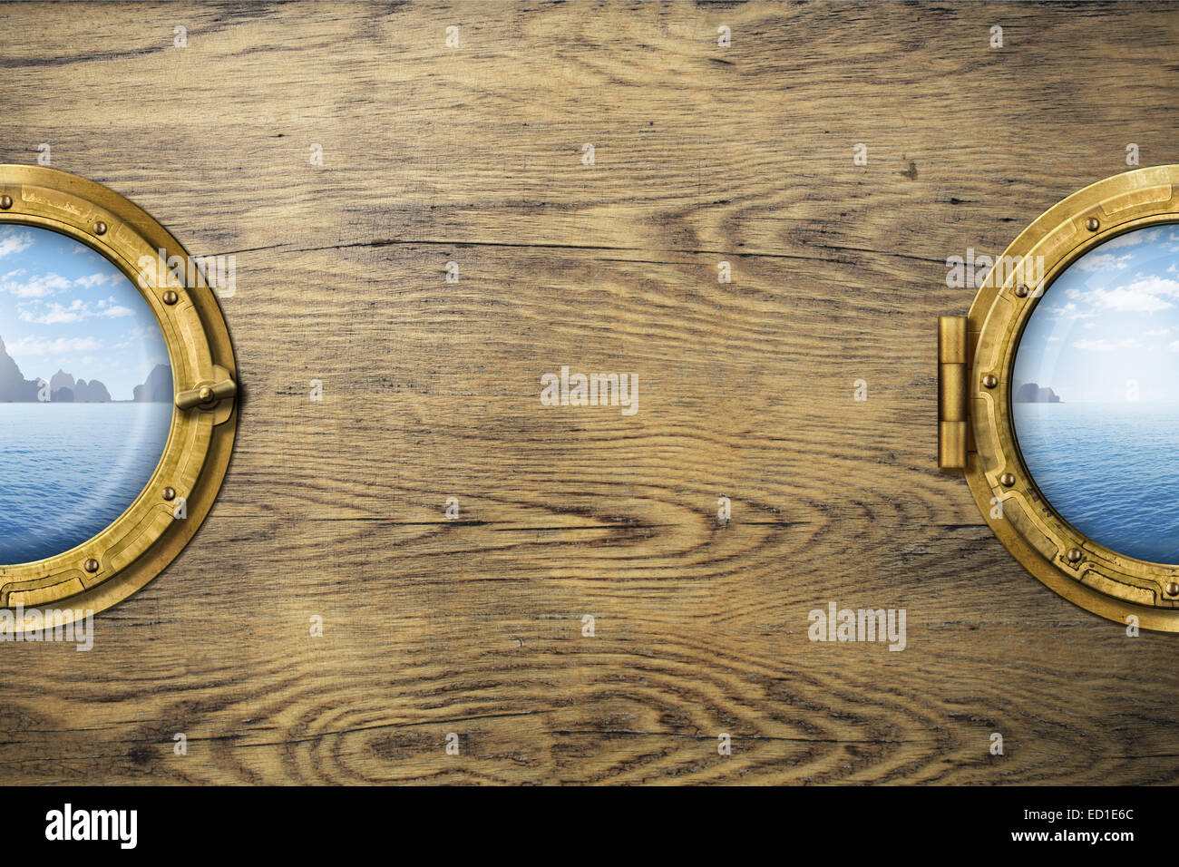 Due finestre della nave o oblò con oceano tropicale isola. Viaggi e avventura concetto. Foto Stock