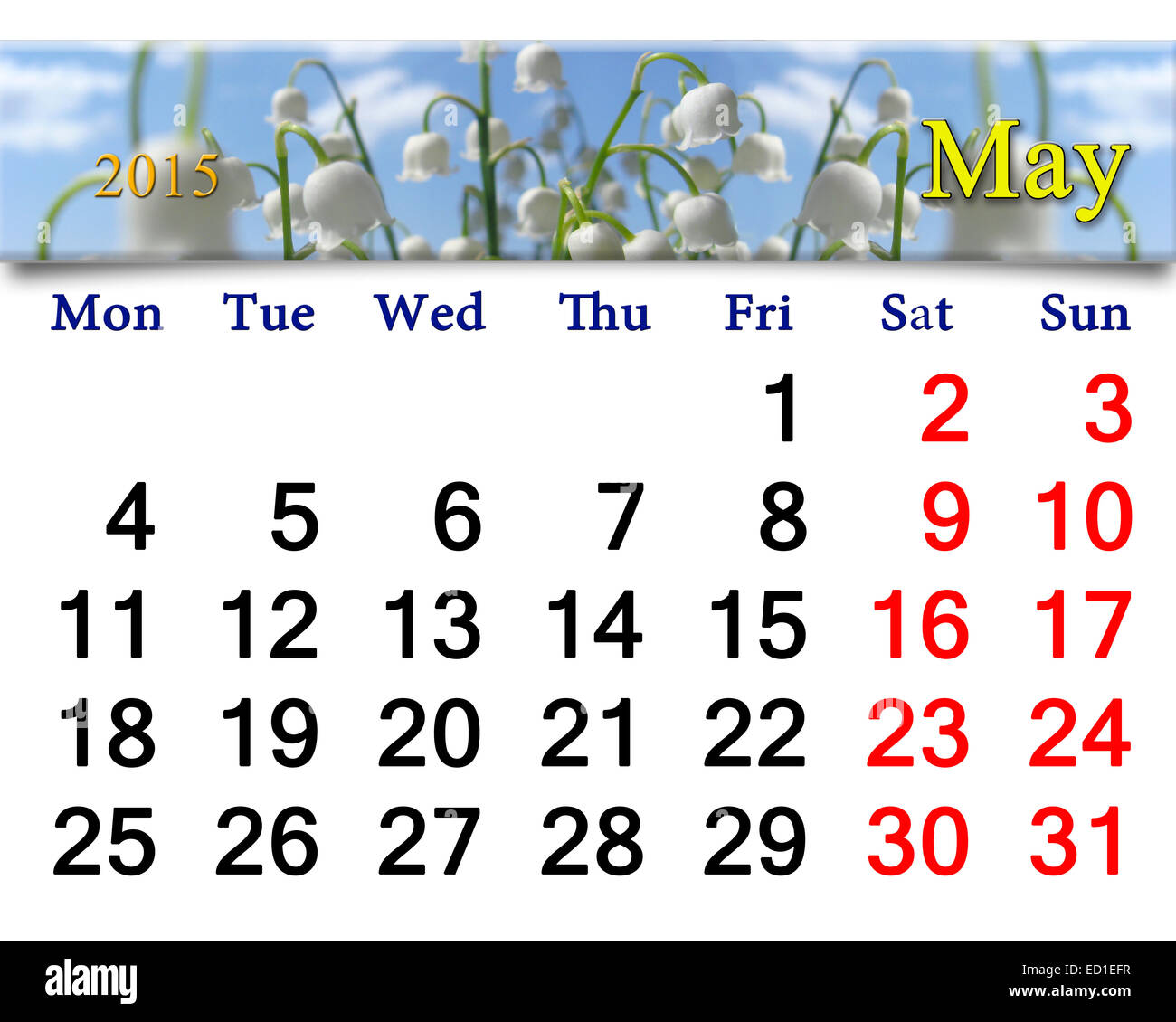 Calendario per il mese di maggio del 2015 sullo sfondo del giglio della valle Foto Stock