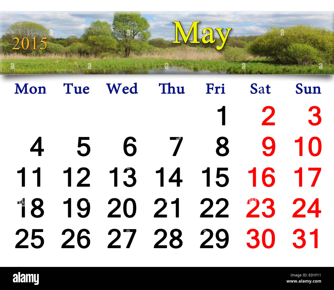 Per il calendario per il mese di maggio del 2015 sullo sfondo del paesaggio di primavera Foto Stock