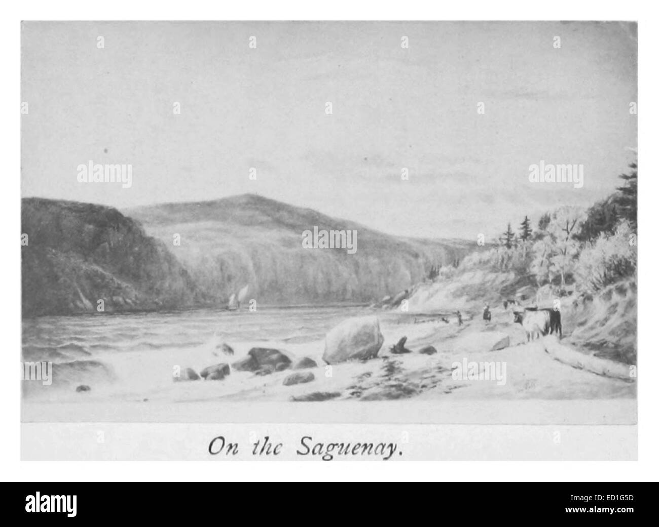 Questa illustrazione del 1867 mostra una scena del fiume Saguenay in Quebec, Canada, catturando la bellezza naturale del fiume e il paesaggio circostante durante la metà del XIX secolo. Foto Stock