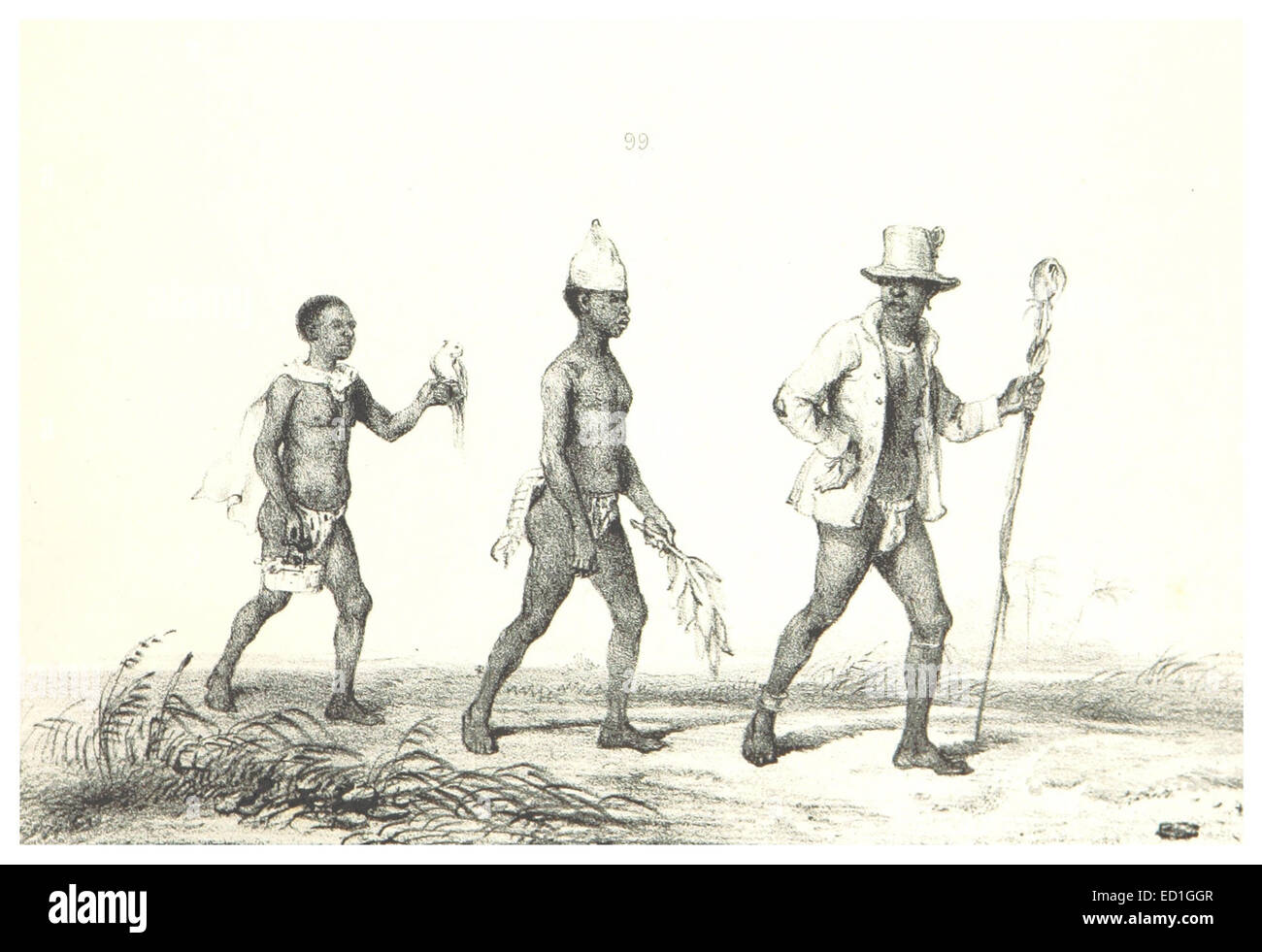 Un'illustrazione storica intitolata "Een opperhoofd op reis", raffigurante un leader tribale in un viaggio, che rappresenta la leadership indigena e le tradizioni culturali. Foto Stock