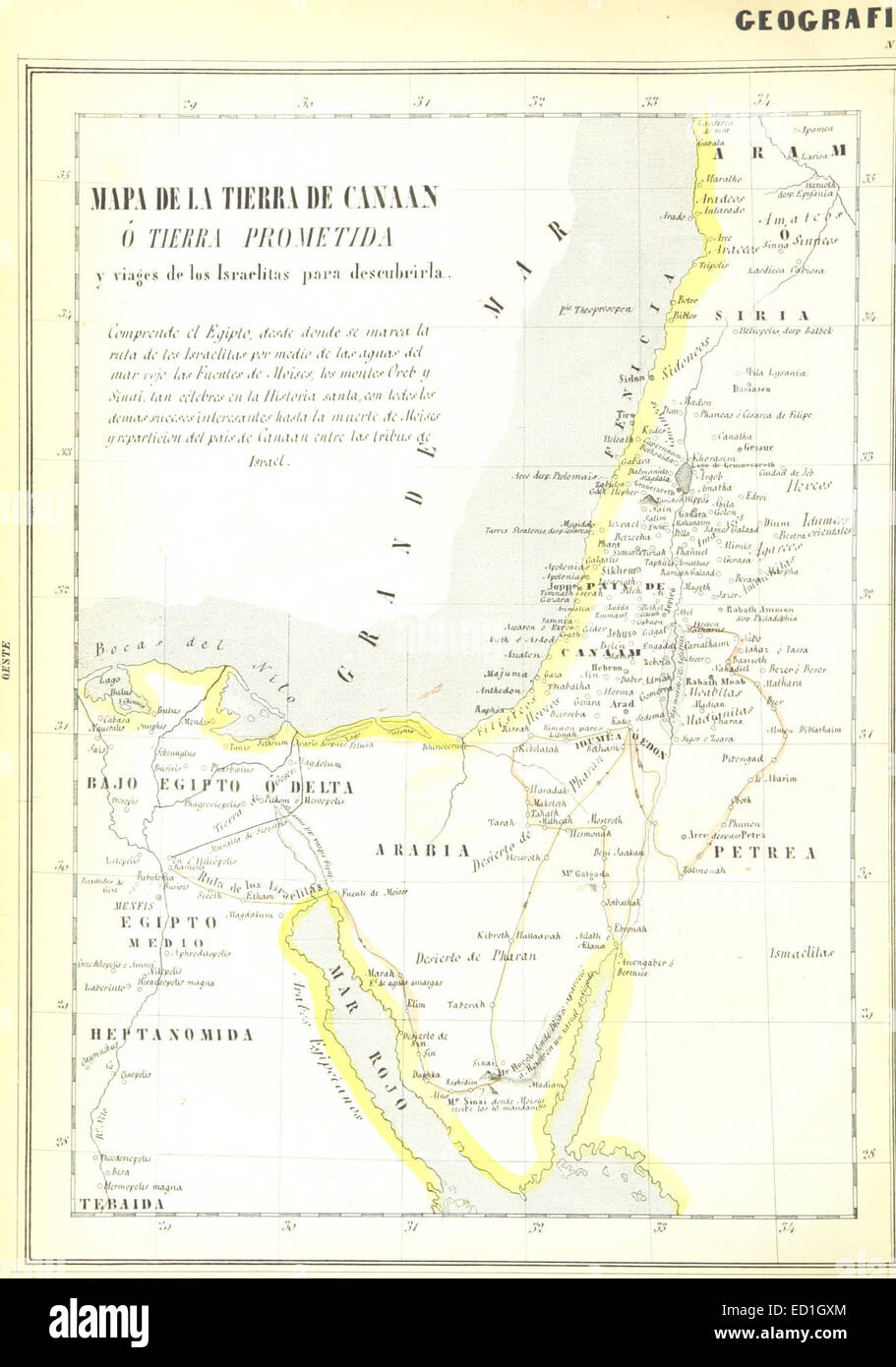 Questa mappa del 1857 intitolata Mapa de la Tierra de Canaan o Tierra Prometida illustra la Terra promessa di Canaan e i percorsi intrapresi dagli Israeliti per scoprirla. La mappa riflette la geografia biblica e i percorsi di viaggio. Foto Stock