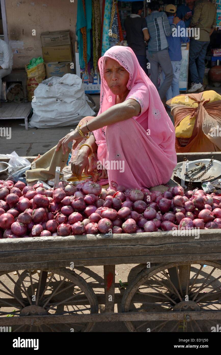 India Rajasthan, regione di Mewar, Bundi Village, Donna vendita di cipolle in strada Foto Stock