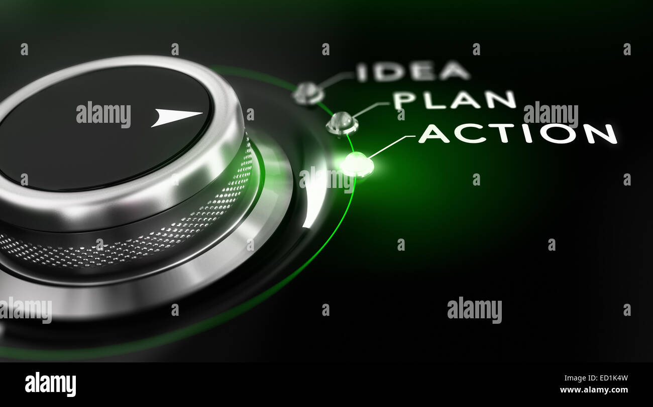 Il pulsante interruttore posizionato sulla parola azione, sfondo nero e verde. Immagine concettuale per illustrazione di business act Foto Stock