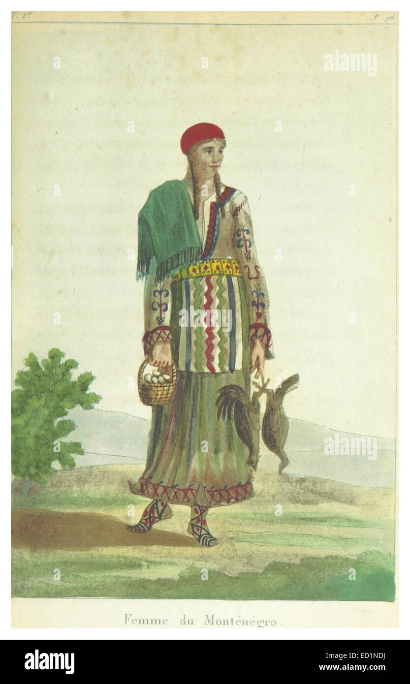 Questa illustrazione di VDS mostra una donna montenegrina che mostra l'abbigliamento culturale e le caratteristiche regionali. Offre uno sguardo sulla moda storica e lo stile di vita del Montenegro durante il periodo. Foto Stock