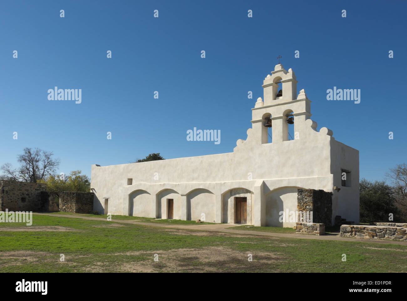 La chiesa rinnovata presso la missione di San Juan Capistrano in San Antonio, Texas. Foto Stock