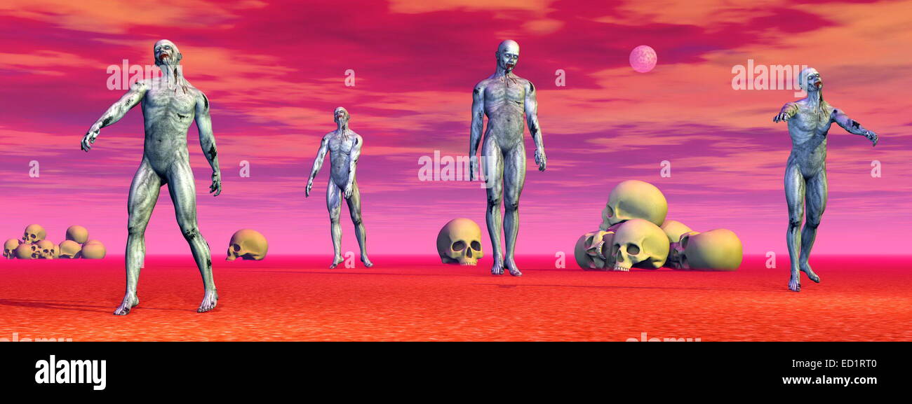 Gli zombie camminando stranamente tra lotti di teschi sul terreno da colorati notte di luna piena Foto Stock