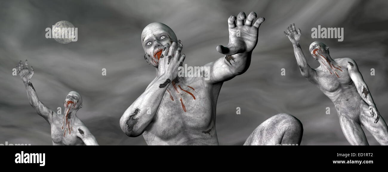 Tre zombi coperto di sangue in movimento nel grigio tempesta notte di luna piena Foto Stock