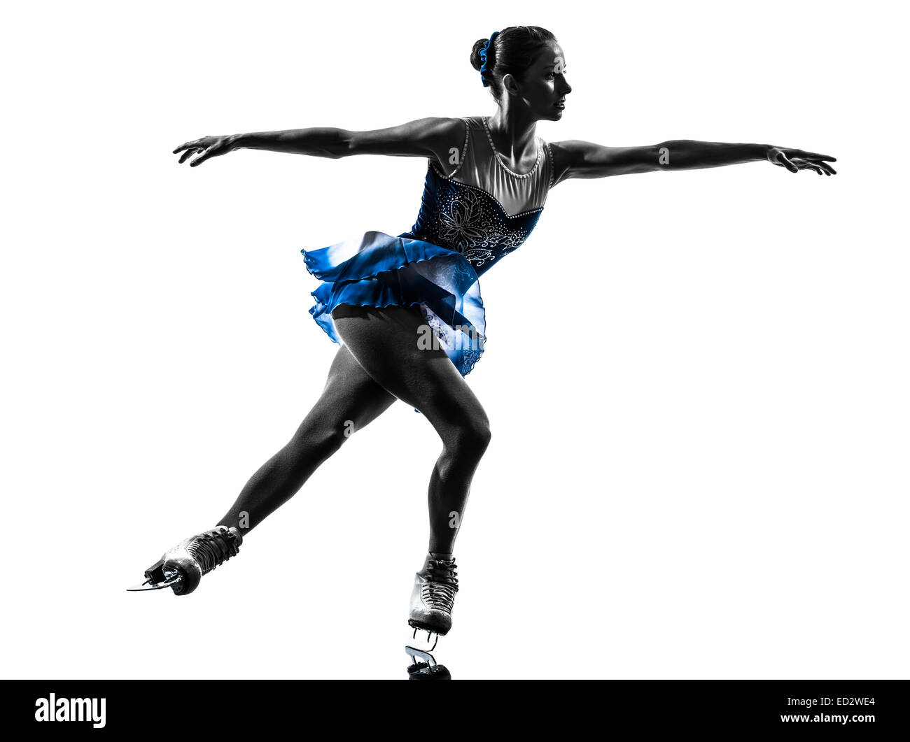 Una donna Pattinatore su ghiaccio pattinaggio a silhouette su sfondo bianco Foto Stock