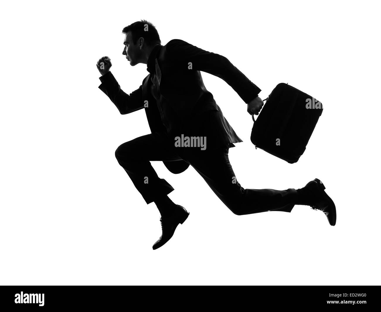 Un caucasian business man in esecuzione in silhouette su sfondo bianco Foto Stock