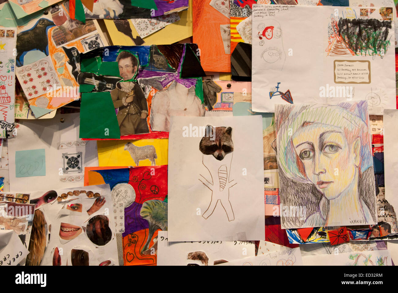Artwork realizzati dai ragazzi che hanno partecipato alla celebrazione di ultimo giorno della University Art Museum, prima del suo spostamento. Foto Stock