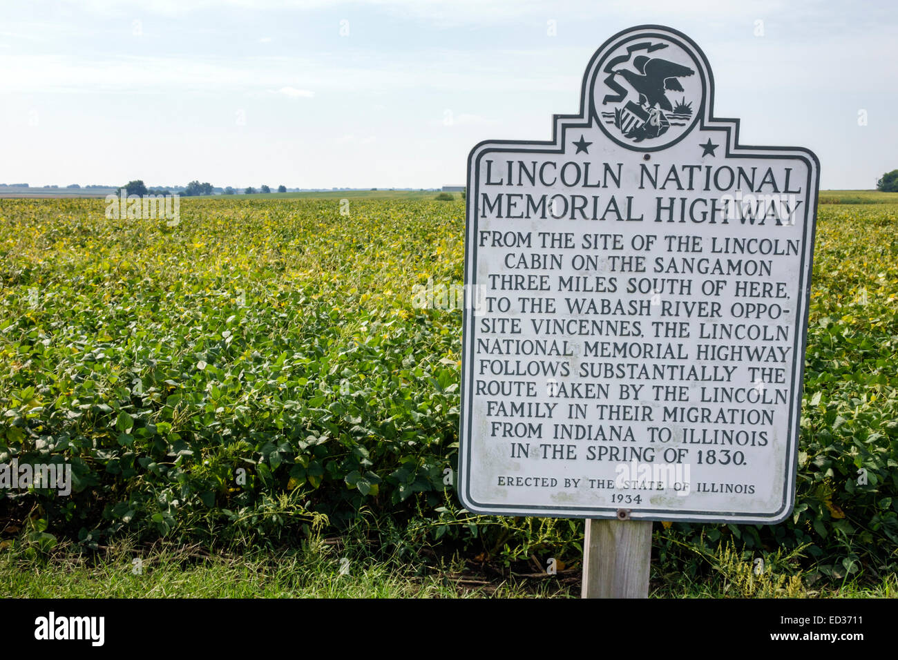 Illinois Decatur, Abraham Lincoln National Memorial Highway, indicatore stradale, rurale, terreno agricolo, campo di soia, IL140904007 Foto Stock