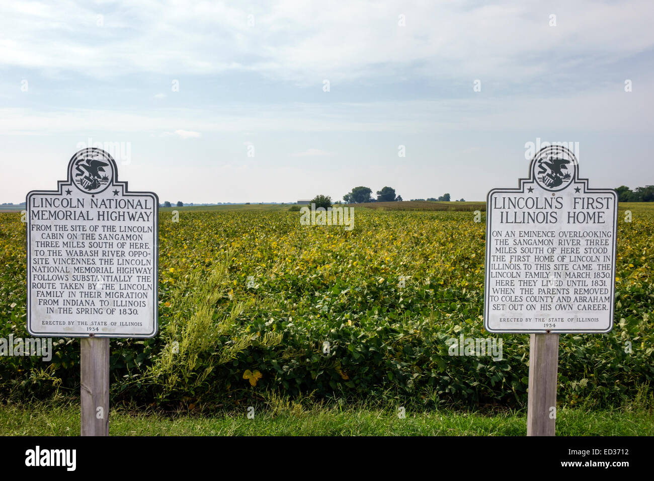 Illinois Decatur, Abraham Lincoln National Memorial Highway, indicatore stradale, rurale, terreno agricolo, campo di soia, prima casa di Lincoln, IL140904008 Foto Stock