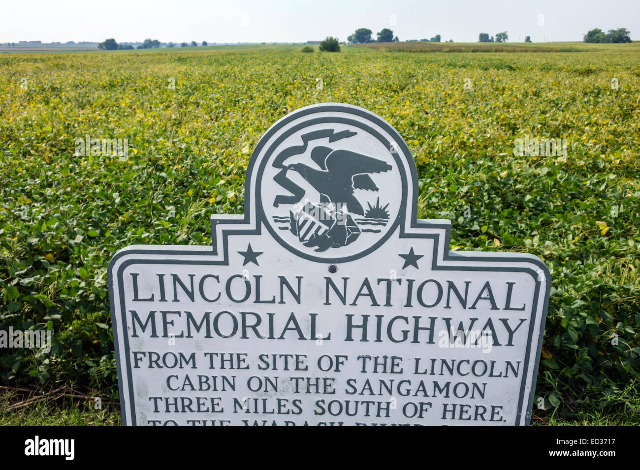 Illinois Decatur, Abraham Lincoln National Memorial Highway, indicatore stradale, rurale, terreno agricolo, campo di soia, IL140904012 Foto Stock
