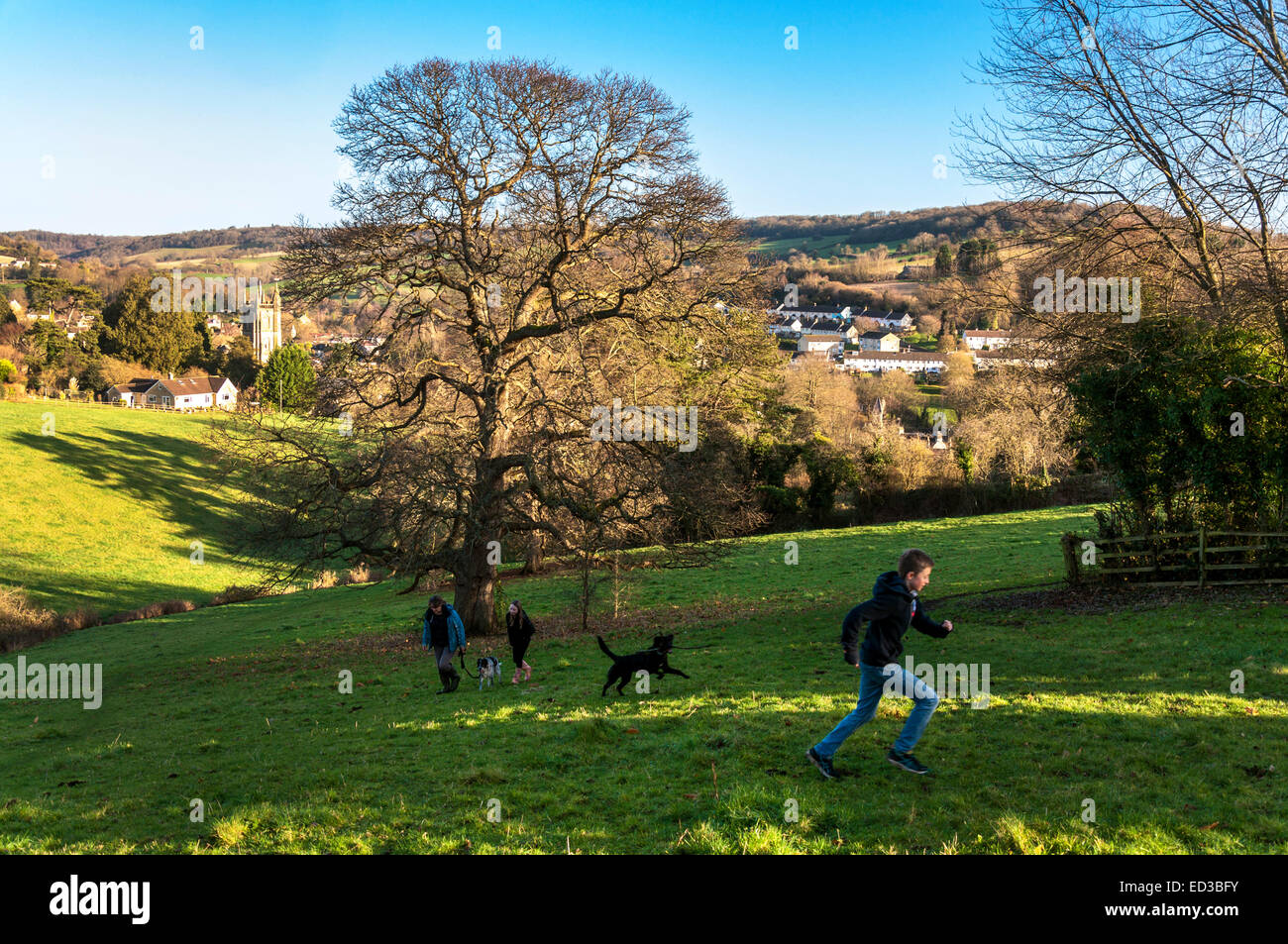 Batheaston, Somerset, Regno Unito. 25 dic 2014. Dog walkers nelle colline sopra il villaggio su un luminoso giorno di Natale. Credito: Richard Wayman/Alamy Live News Foto Stock