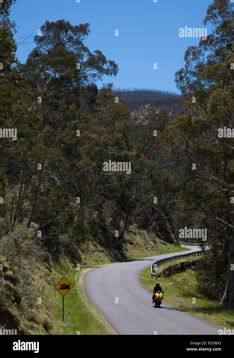 Motociclo sul modo alpino attraverso le montagne innevate Australia Foto Stock