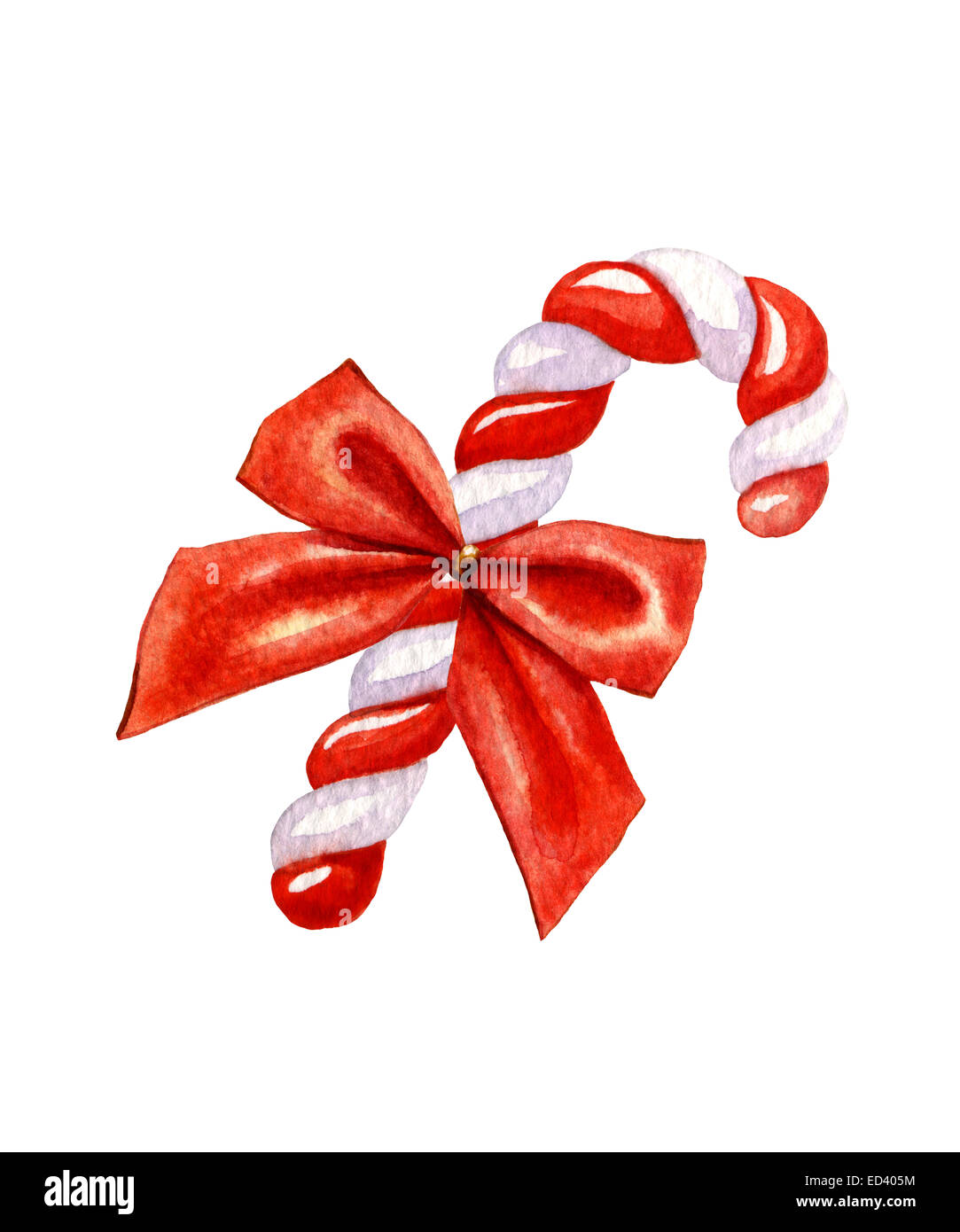 Candy Cane decorata con un fiocco rosso. Illustrazione ad acquerello su sfondo bianco Foto Stock