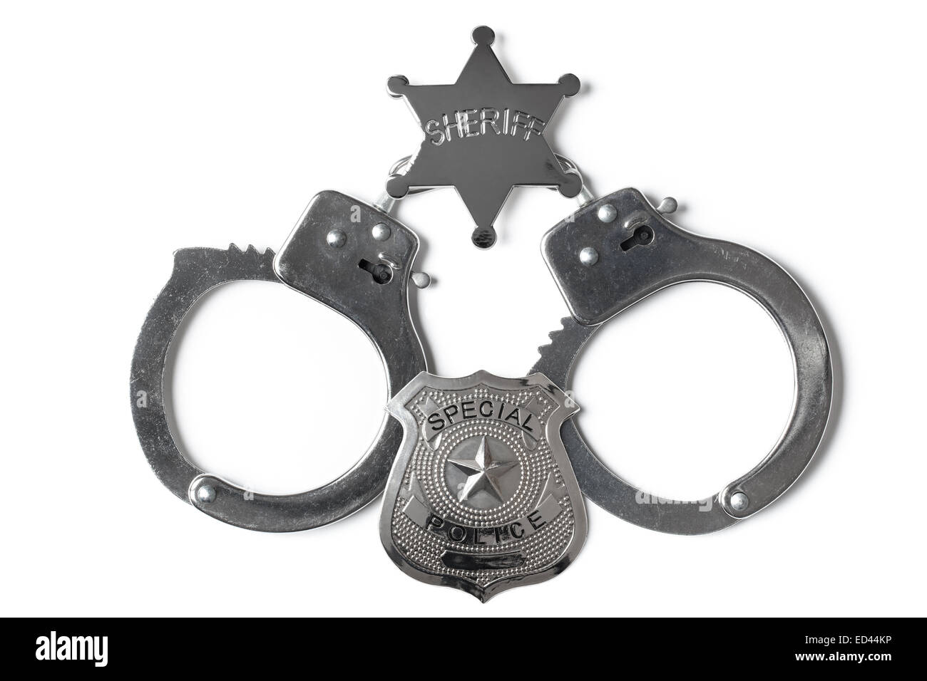 Sheriff star police badge e manette isolati su sfondo bianco Foto Stock