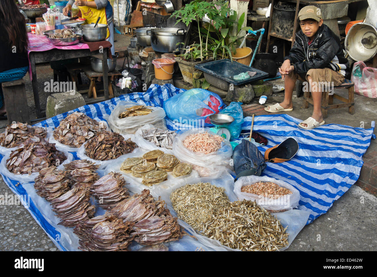 Mercato all'aperto a Luang Prabang, Laos Foto Stock