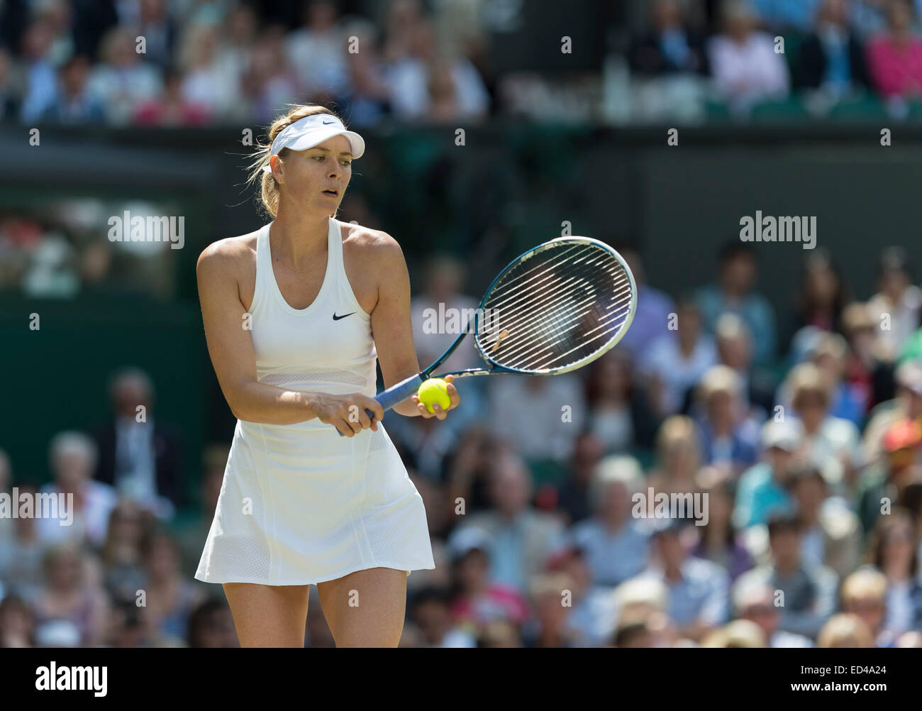 01.07.2014. Il torneo di Wimbledon Tennis Championships 2014 tenutosi presso il All England Lawn Tennis e Croquet Club di Londra, Inghilterra, Regno Unito. Angelique Kerber (GER) [9] (rosso logo NCP) v Maria Sharapova (RUS) [5] sul Centre Court. Maria in azione. Foto Stock