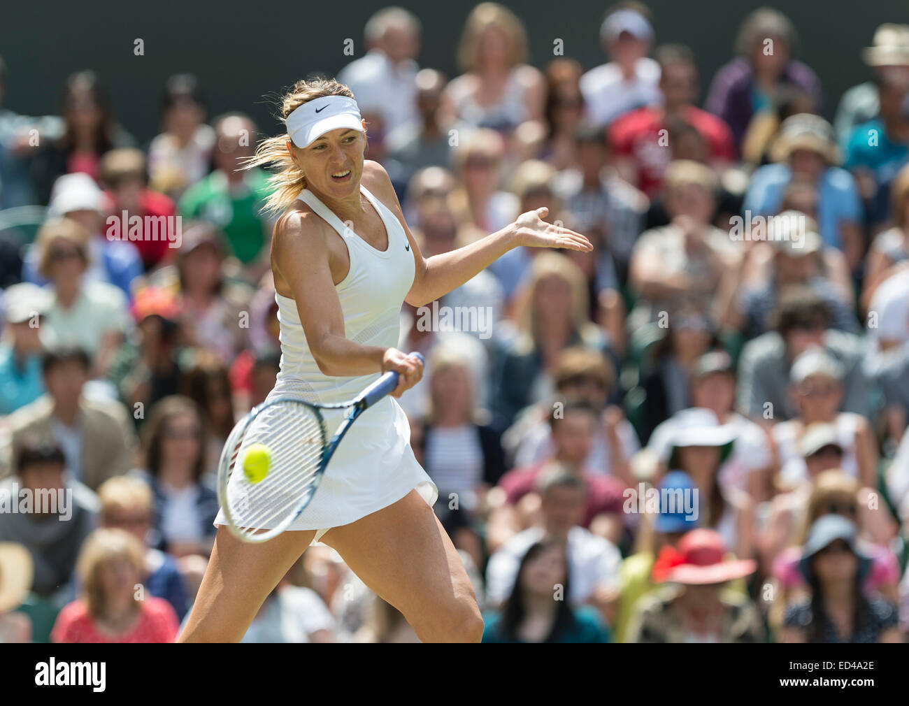 01.07.2014. Il torneo di Wimbledon Tennis Championships 2014 tenutosi presso il All England Lawn Tennis e Croquet Club di Londra, Inghilterra, Regno Unito. Angelique Kerber (GER) [9] (rosso logo NCP) v Maria Sharapova (RUS) [5] sul Centre Court. Maria in azione. Foto Stock