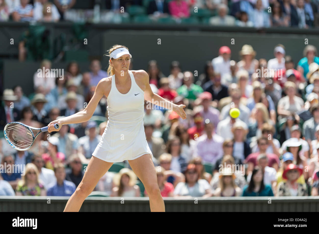 01.07.2014. Il torneo di Wimbledon Tennis Championships 2014 tenutosi presso il All England Lawn Tennis e Croquet Club di Londra, Inghilterra, Regno Unito. Angelique Kerber (GER) [9] (rosso logo NCP) v Maria Sharapova (RUS) [5] sul Centre Court. Maria in azione. Foto Stock