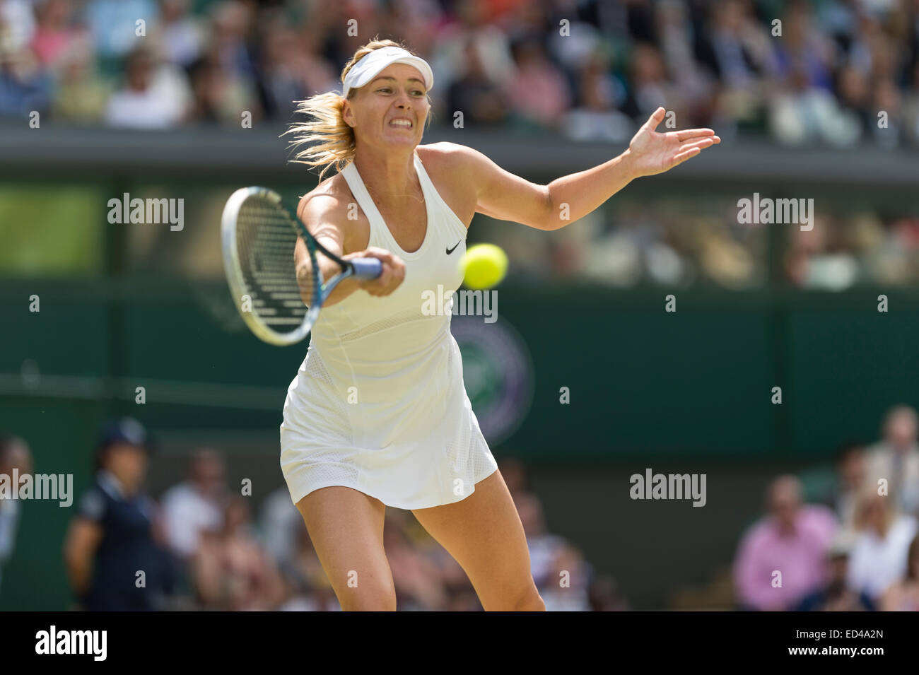 01.07.2014. Il torneo di Wimbledon Tennis Championships 2014 tenutosi presso il All England Lawn Tennis e Croquet Club di Londra, Inghilterra, Regno Unito. Angelique Kerber (GER) [9] (rosso logo NCP) v Maria Sharapova (RUS) [5] sul Centre Court. Maria in azione. Foto Stock