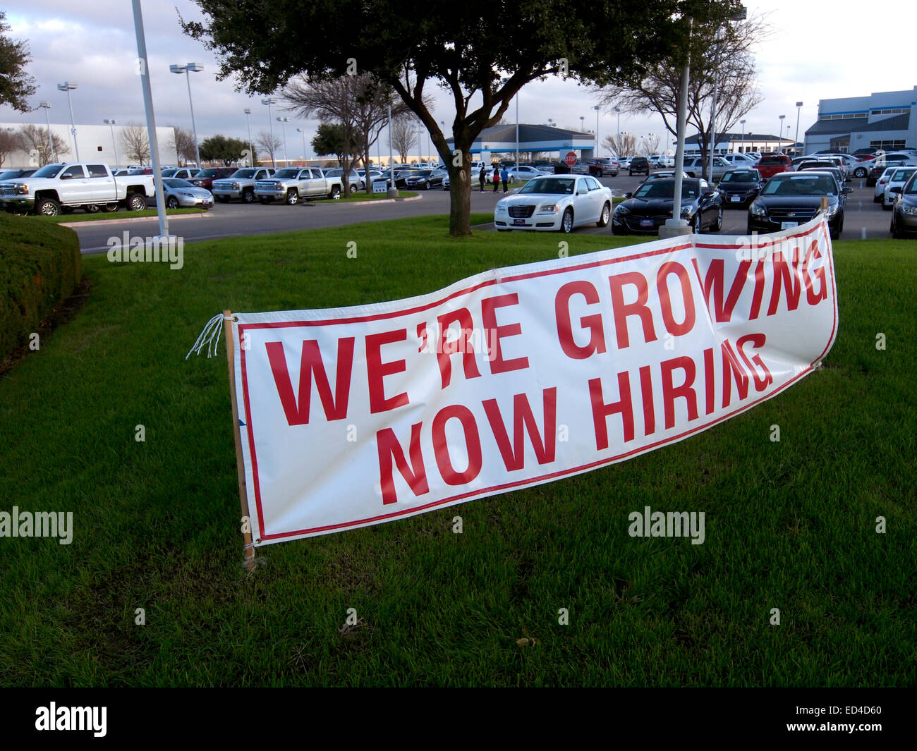 La disoccupazione andando verso il basso dopo la recessione come le aziende a iniziare l'assunzione. Foto scattata a concessionari auto vicino a Dallas, Texas. Foto Stock