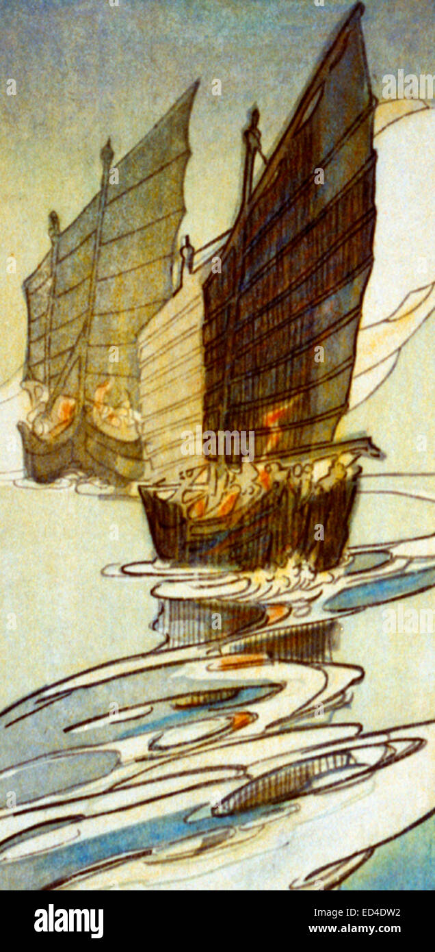 Due barche - giunche, Wei-hai-wei, Cina, circa 1922 Foto Stock