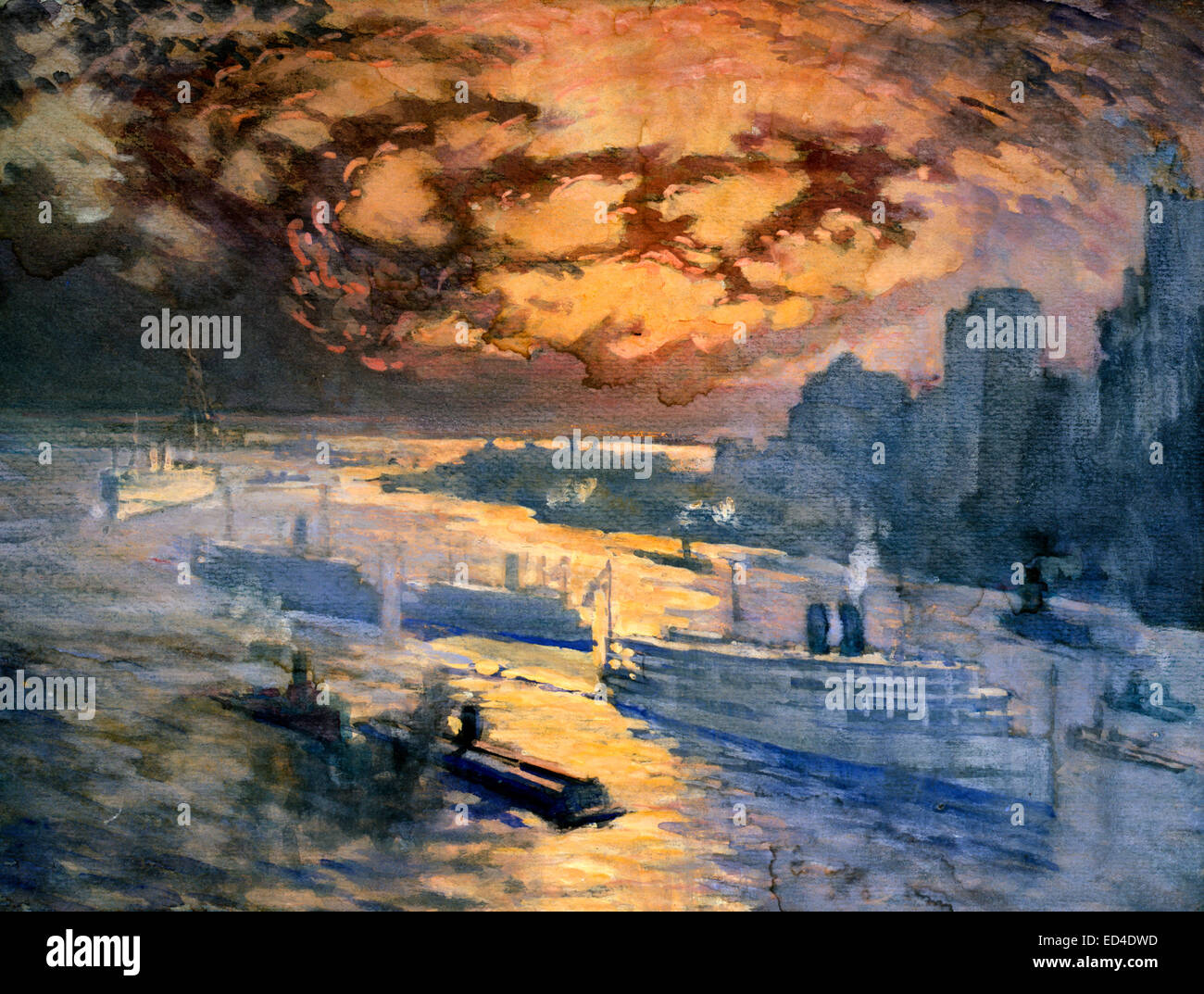 Fiume riflettente - New York City. Visualizza ultimi grandi navi passando attraverso luminosi riflessi su East River, rosso-rosa tramonto Cielo sopra. Statua della Libertà in distanza, circa 1922 Foto Stock